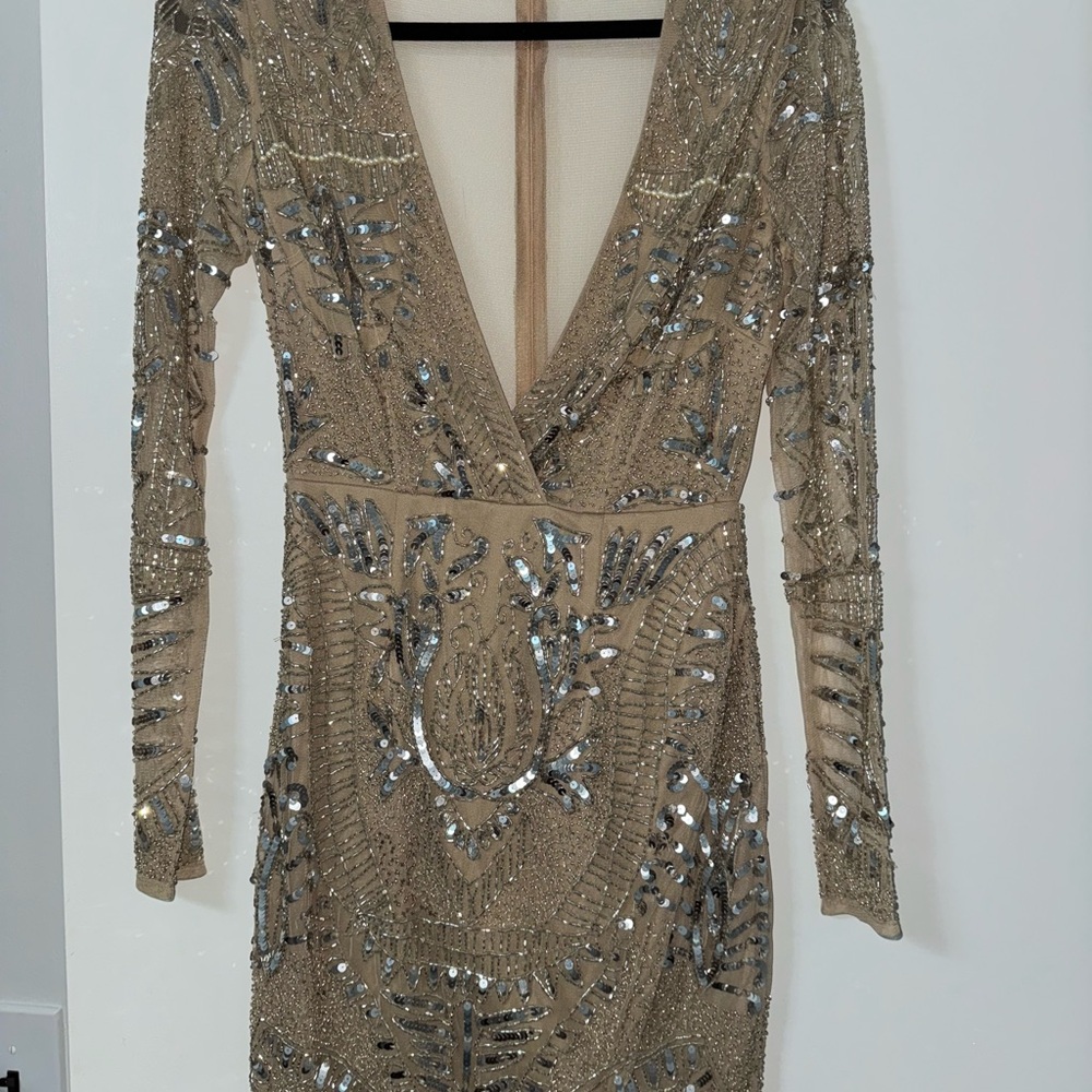 Sequin Embellished V-Neck Dress - Gold